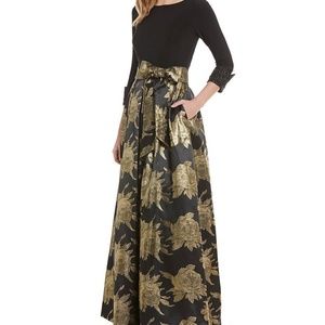 Eliza J Metallic Brocade Beaded Cuff Ball Gown